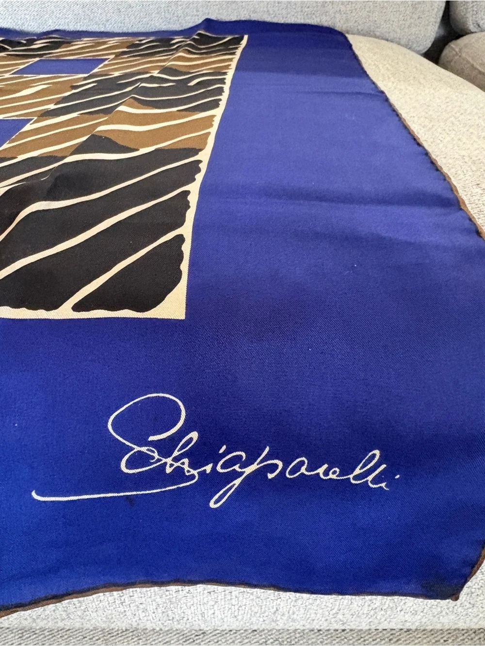 Vintage Schiaparelli Silk Scarf in Royal Blue, Black and Brown